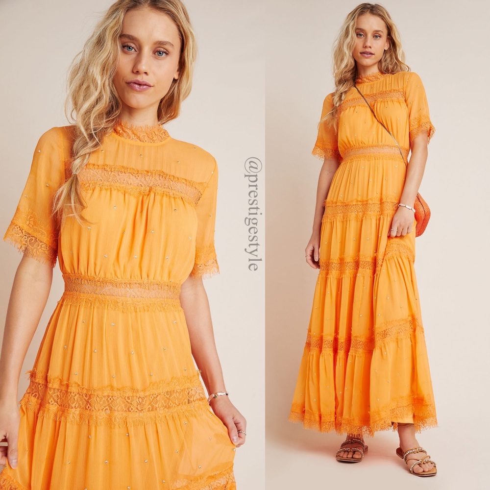 Anthropologie Cipriana Tiered Lace Maxi Dress